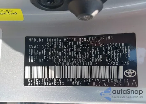 2016 Toyota Corolla Le from USA, damaged, VIN 5YFBURHE9GP414816